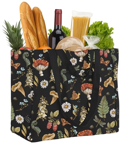 Miss Adola Cute Extra Large Canvas Grocery Tote Bag - color: Black Mushroom