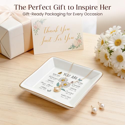PUDDING CABIN Birthday Gifts for Women, Daisy Scripture Jewelry Dish, Christian Gifts - style: Daisy: Purity, Innocence, Loyal Love(April Birth Flower )