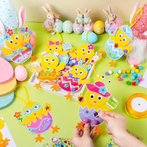 Funrous 48 Sets Crafts Kit Paper Crafts DIY Make Your Own Hanging Ornaments with Pompoms Diamond Stickers for Holiday Classroom Activities Party Favors, Easter Chick - style: Easter Chick