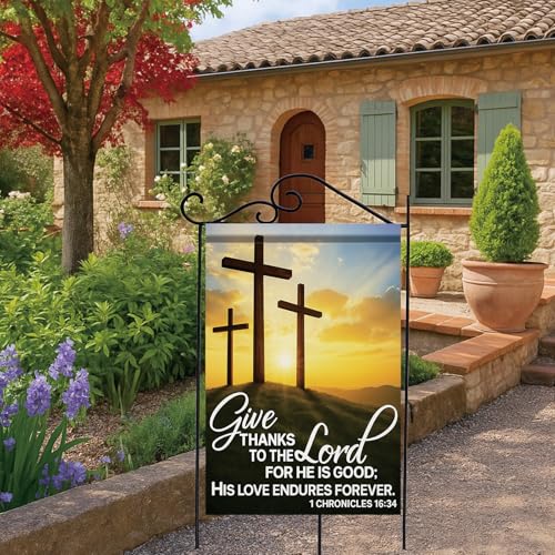 Christian House Flag 28x40 Inch Give Thanks To The Lord Garden Flag Chronicles 16:34 Double Sided Cross Sunrise Yard Banner Outdoor Porch ration Religious USA Home Garden Church - color: Give Thanks