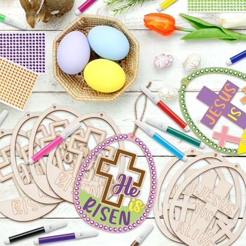 BeYumi Easter Wooden Ornament Craft - 20Pcs Jesus is Risen DIY Wooden Eggs Ornaments Craft Kit for Kids Make Your Own Christian Religious Easter Egg Set with Gem Sticker Party Decoration Supplies - style: Easter Egg