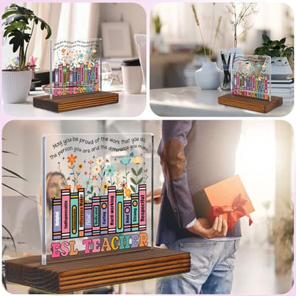 ESL Teacher Gift for Appreciation Week or End of School Year, Inspirational Book Stack Desk Sign with Positive Traits, Thank You Plaque for ELL Classroom or Office Decor EC304 - style: ESL Teacher Gift