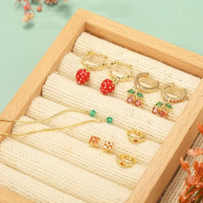 Gold Earrings Set for Women 14K Gold Plated Cubic Zirconia Love Heart Bowknot Clover Fruit Flower Insect Ocean Cross Huggie Hoop Earrings Stud Earrings Set for Multiple Piercing Party Jewelry Gifts - style: Strawberry and Cherry
