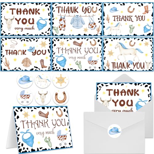 60 Pieces Little Cowboy Baby Shower Thank You Cards,Western Rodeo Thank You Cards Includes 30 Pieces Envelopes and 30 Pieces Cowboy Cards with Stickers for Baby Shower Wedding Bridal - color: cowboy