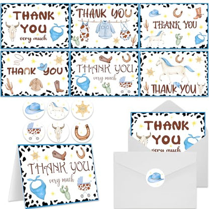 60 Pieces Little Cowboy Baby Shower Thank You Cards,Western Rodeo Thank You Cards Includes 30 Pieces Envelopes and 30 Pieces Cowboy Cards with Stickers for Baby Shower Wedding Bridal - color: cowboy