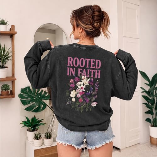 Oversized Christian Long Sleeve Shirts for Women Faith Bible Verse Floral Graphic Tees Acid Wash Vintage Sweatshirts - color: Black, size: X-Large