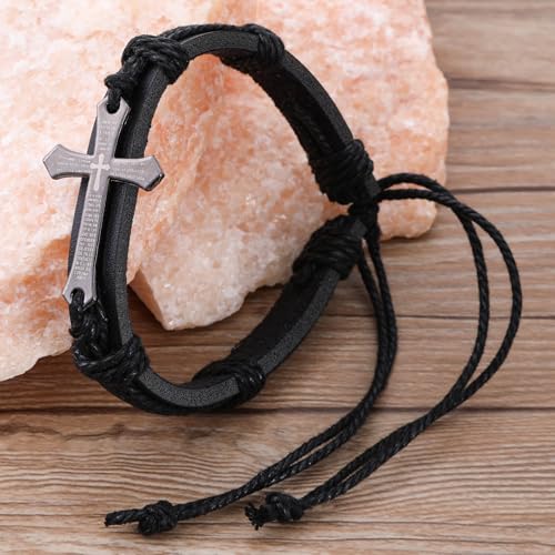 Religious Cross Leather Bracelet Adjustable Bangle Braided Jewelry for Men Cross Alloy Bracelet - color: Black