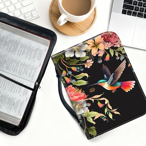 Bible Cover for Women Large PU Leather Zippered Bible Case with Handle and Flower Hummingbird Design, Christian Bible Cover for Girls & Women, Cover Fits Standard 9.5"x7.5"x2.3" Bible - color: Flower Hummingbird