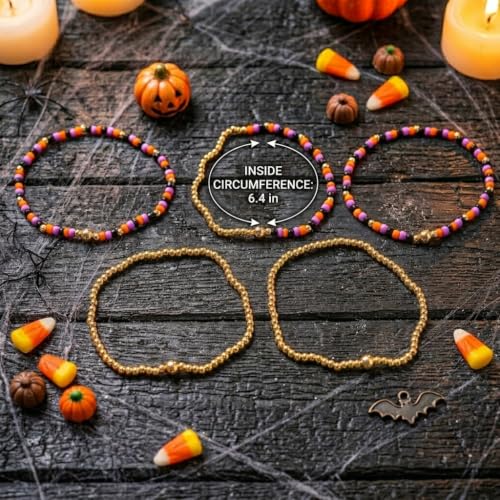 Gold Pearl Beaded Cross Bracelets Stack Set for Women, Boho Handmade Colorful Small Beads Stretchable Jewelry Friendship Summer Trendy Gift. - color: black and orange