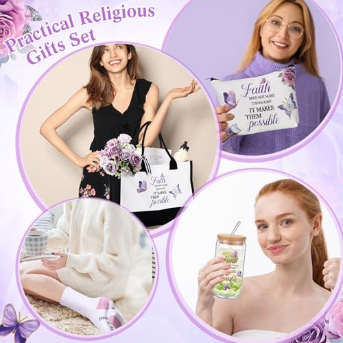 Pickmesh 7 Pack Christian Gift for Women, Religious Church Gift for Graduates, Faith Tote Bag, Makeup Bag, 16 oz Coffee Glass, Socks, Greeting Card & Natural Stone Bracelet with Box - style: Religion