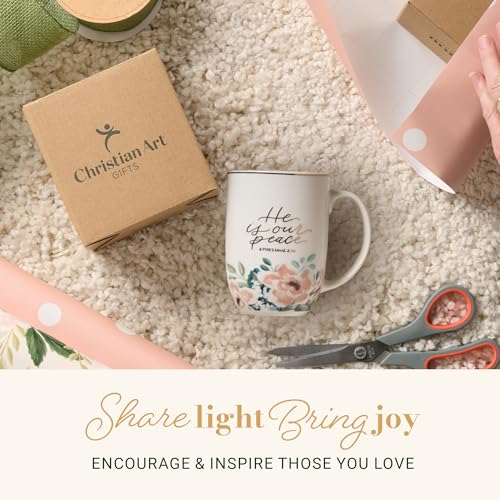 Christian Art Gifts Large 15 oz Ceramic Floral Coffee & Tea Mug for Women - color: He is Our Peace/White & Mint Green Multi Floral