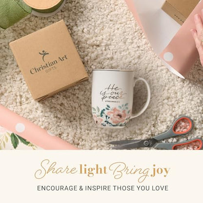 Christian Art Gifts Large 15 oz Ceramic Floral Coffee & Tea Mug for Women - color: He is Our Peace/White & Mint Green Multi Floral