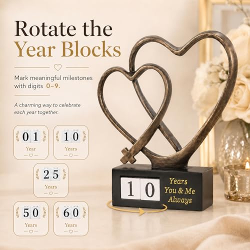 Wedding Anniversary Couples Gift - 1st to 50th or 60th for Wife Parents Husband, Wedding Gift for Couple, Two Hearts Decor and Cross Sculpture with Rotating Year, Printed Poem Card