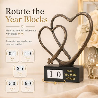 Wedding Anniversary Couples Gift - 1st to 50th or 60th for Wife Parents Husband, Wedding Gift for Couple, Two Hearts Decor and Cross Sculpture with Rotating Year, Printed Poem Card