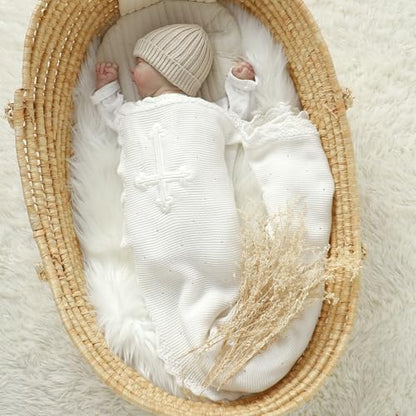 mimixiong Baby Christening Blanket Cotton Soft Knit with Stitching Cross - color: White