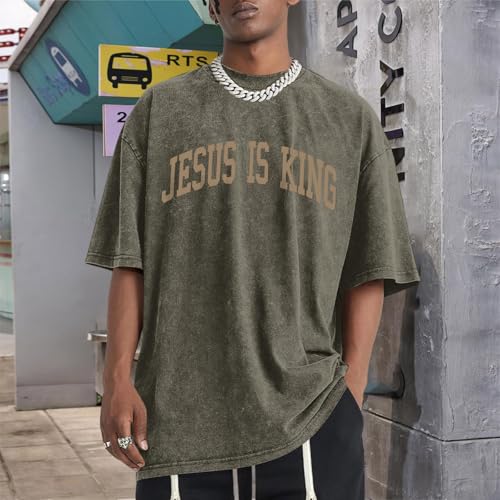 Mens Christian Shirts Jesus is King Love You Tshirt God Faith Religious Bible Verse Oversized Acid Wash Graphic Tees - color: Army Green, size: Small