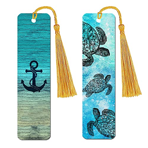 WIRESTER Set of 2 Metal Bookmarks with Light Gold Tassel for Students, Reader, Teachers, Book Lovers - Blue Anchor Wood, Ocean Sea Turtle - color: Blue Anchor Wood, Ocean Sea Turtle