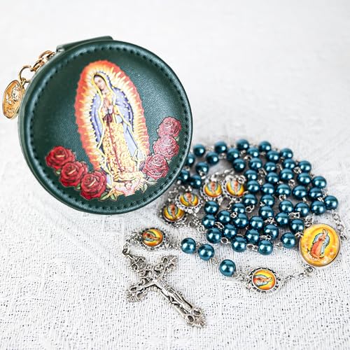 8mm Glass Pearl Catholic Rosary Necklace - Our Lady of Guadalupe Rosary Beads with Prayer Box, First Communion & Baptism Gift for Women and Men (La Rosa de Guadalupe) - color: Green