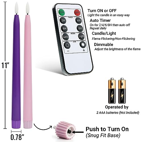 Stmarry Flameless Advent Candles, Set of 4 - Flickering LED Flame, 11 Inch Taper Candlesticks, Remote Controlled, Purple and Pink for Christmas Wreath - color: Purple and Pink