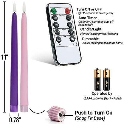 Stmarry Flameless Advent Candles, Set of 4 - Flickering LED Flame, 11 Inch Taper Candlesticks, Remote Controlled, Purple and Pink for Christmas Wreath - color: Purple and Pink