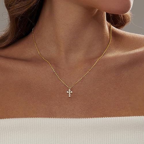 LULII Cross Necklace for Women Dainty 14K Gold Silver Plated Small Cross Pendant Choker Simple Cute Cross Gold Necklace for Women Trendy Faith Jewelry Gift - color: Pearl Cross-Gold