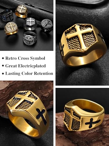 Christian Cross Rings for Men - Stainless Steel Jesus Jewelry with Celtic Knot Sides (Gold/Black/Silver) - Catholic Religious Gift, Size 7-13 - color: C-Gold-Cross