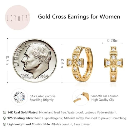 LOYATA Gold Cross Earrings for Women-14K Gold Plated Small Hoop Huggie Earrings Dainty Trendy CZ Cross Hoop Earring Cute Hypoallergenic Hoops Jewelry Gifts for Women Mothers Day Gifts for Mom - color: CZ Style3