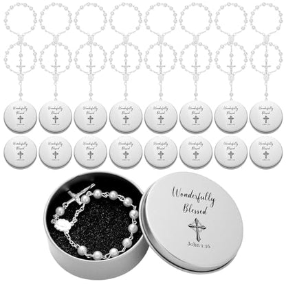 Quelay 24 Set First Communion Favor Baptism Include Catholic Rosary Jewelry Keepsake Boxes Organza Bags for Baptism Christening Memorial Catholic Gifts Recuerdos De Primera Comunion