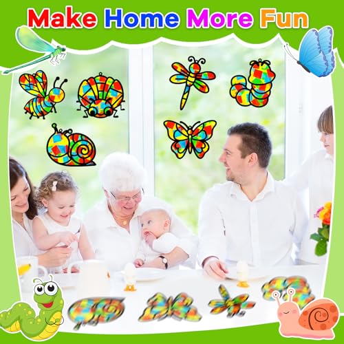 Lonfliness 32 Sets Spring Bug Suncatchers Craft Kit DIY Insect Window Stained Glass Effect Paper Butterfly Bee Home School Classroom Decoration Summer Art Creative Activity Project Gift Favor - style: Insect