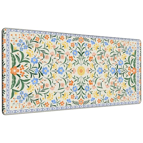 Green Floral Mouse Pad,35.4 x 15.7 Inch Large Mouse Mat Non-Slip Rubber Stitched Edges for Writing Desk,Office,Home,Laptop - color: Green Floral, size: 35.4L x 15.7W inches