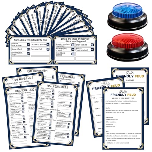 Christian Bible Family Feud Game with 2 Buzzers, Religious Trivia Quiz Card Game for Church Groups, Easter Parties, Team Building and Family Game Night