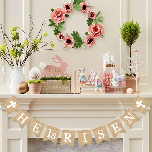 He is Risen Banner, Easter Decorations Natural Burlap Garland Religious Bunting Party Supplies Spring Holiday Celebration for Christian Resurrection Photo Props Church Egg Hunt Events
