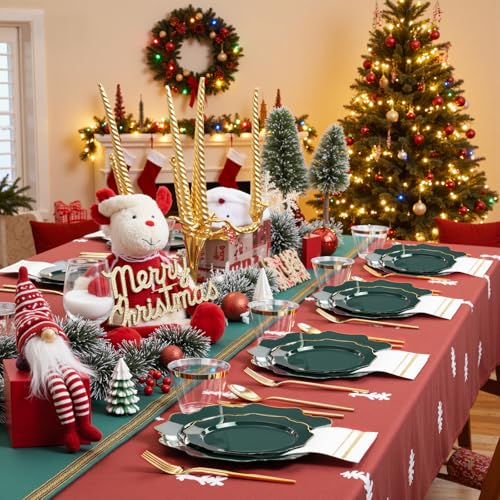 WDF 175Pcs Green Plastic Plates - Green Plates Disposable with Gold Rim - Christmas Plastic Plate - Fancy Disposable Dinnerware Sets 25 Guests Ideal for Party/Wedding/Birthday - color: Green and Gold, size: 175 pieces