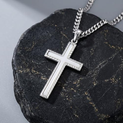 MRENITE Silver Natural Stone Cross Necklace, Classic Latin Cross Pendant Necklace for Unisex Women Man, Vintage Crystal Quartz Cross Necklace with 20+2 Inches Adjustable Cuban Chain - style: White Jade