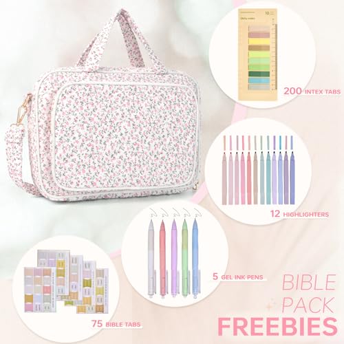 Bible Cover Case for Women Bible Study Supplies Church Camp Essentials Christian Gifts for Women Journaling Kit Quilted Large Bible Book Sleeve (Pink Flowers, Large) - color: Pink Flowers