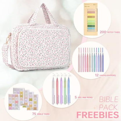 Bible Cover Case for Women Bible Study Supplies Church Camp Essentials Christian Gifts for Women Journaling Kit Quilted Large Bible Book Sleeve (Pink Flowers, Large) - color: Pink Flowers