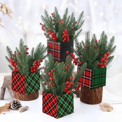 Zeyune 4 Set Christmas Centerpiece for Table Bulk, 4.7 Inch Xmas Centerpiece Decoration Ideal with Artificial Pine Branches and Red Berries Stems for Xmas Party Indoor Home Decor (Christmas Plaid) - style: Classic