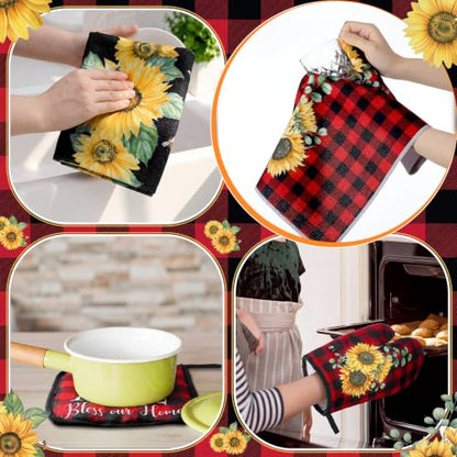 Leinuosen 8 Pcs Sunflower Red Plaid Kitchen Towels Dishcloths Accessories - color: Red and Black, style: Sunflower