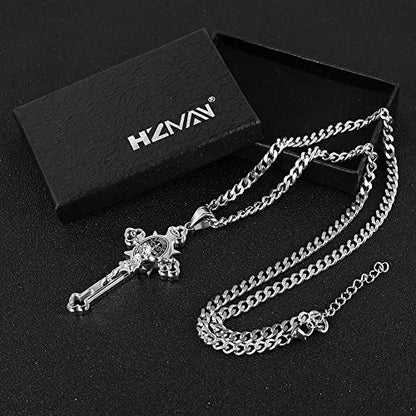 HZMAN Stainless Steel St. Benedict Crucifix Cross Necklace for Men - color: Large Silver