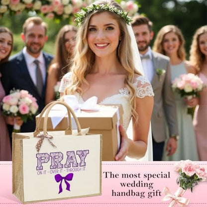 KongMoTree Christian Tote Bags, Coquette Bow Bag with Floral Christians Gifts for Mom, Wife, Sisters, Best Friends - color: Pray on It Over It Through It Purple