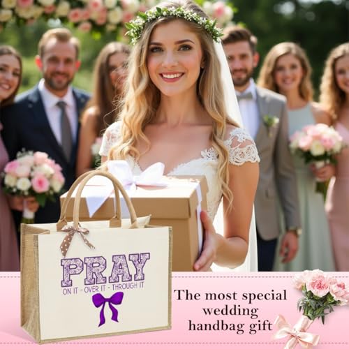 KongMoTree Christian Tote Bags, Coquette Bow Bag with Floral Christians Gifts for Mom, Wife, Sisters, Best Friends - color: Pray on It Over It Through It Purple
