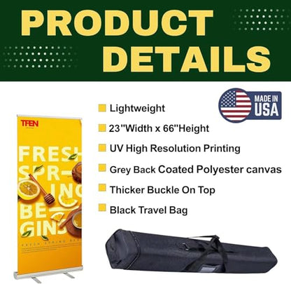 TFEN-Made in USA-Custom Aluminum Retractable Banner 23"x66", with Stand Roll up Banner for Business, Trade Shows, Stores, Advertising, Events, Custom Banners Personalized - size: 23x66 Compact
