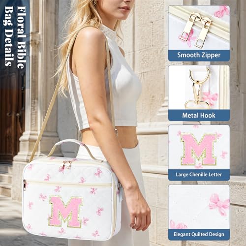 Personalized Initial Bible Cover Case for Women Bible Bag w/Study Supplies - color: Pink Bow, size: M