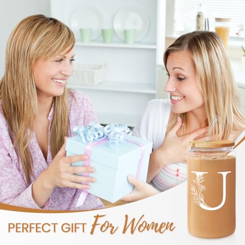 SANDJEST Monogrammed Gifts for Women - Monogram U Initial Glass Cup 16 Oz Can Coffee Cups with Lid and Straw - Monogram Initials Gifts for Womens on Birthday - color: Initial U