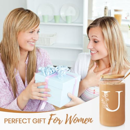 SANDJEST Monogrammed Gifts for Women - Monogram U Initial Glass Cup 16 Oz Can Coffee Cups with Lid and Straw - Monogram Initials Gifts for Womens on Birthday - color: Initial U