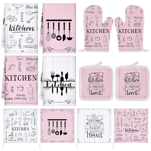 12 Pcs Farmhouse Pink Kitchen Decorations Sets 4 Pink and White Kitchen Towels 4 Absorbent Dishcloths 2 Pot Holders 2 Oven Mitts Gloves for Home Decorations Mom Gifts - color: Pink and White, style: Classic