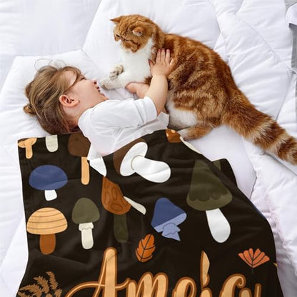 Custom Name Blanket Autumn Mushroom Soft Cozy Harvest Blanket for Boys Girls Kids Adults Personalized Cute Autumn Blankets Halloween Christmas Birthday Gifts - color: Autumu-02