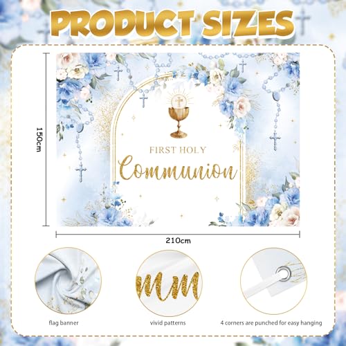 AIBIIN 7x5ft First Holy Communion Backdrop for Boy Mi Primera Comunión Party Decorations Blue and Elegant Floral Party Banner Flower Garland Dove Bible God Bless Party Photo Prop - color: Blue, size: 7x5ft