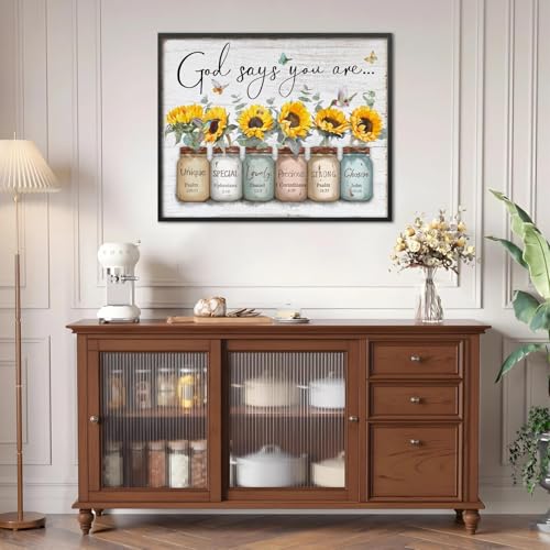 Inspirational Bible Verse Wall Art: God Says You Are Wall Sayings Sunflower in Mason Jar Picture Print Christian Gift Quotes Poster for Women Girl Bedroom Decor 24" x 30" - color: Sunflower, size: 24"L x 30"W