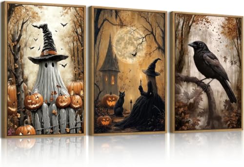 ANHUIB Large Vintage Halloween Wall Art Spooky Ghost Witch Wall Decor Black Cat with Crow Painting 24x36 Inch Set of 3 for Living Room Bedroom - color: Witch, size: 36"L x 24"W